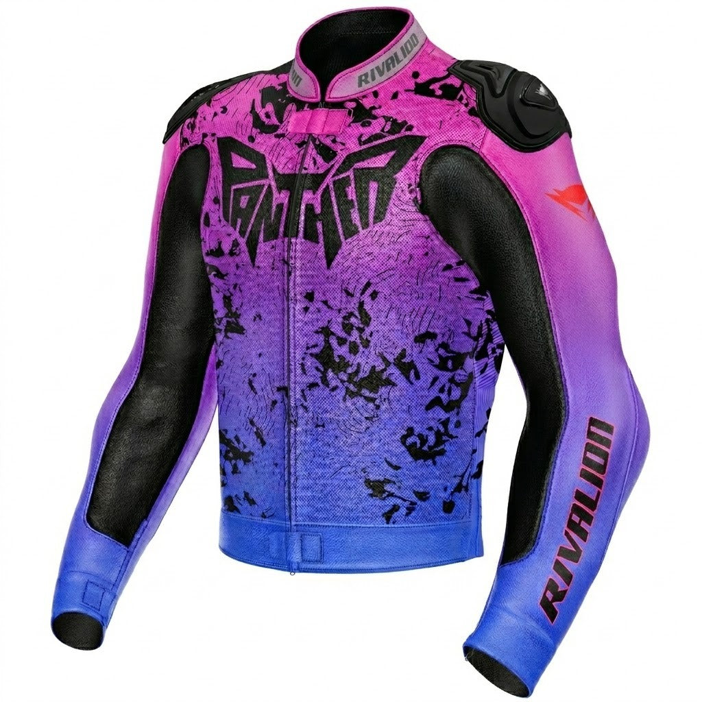 Pink and Blue Motorcycle Racing Leather Jacket Custom Design Removable Protection