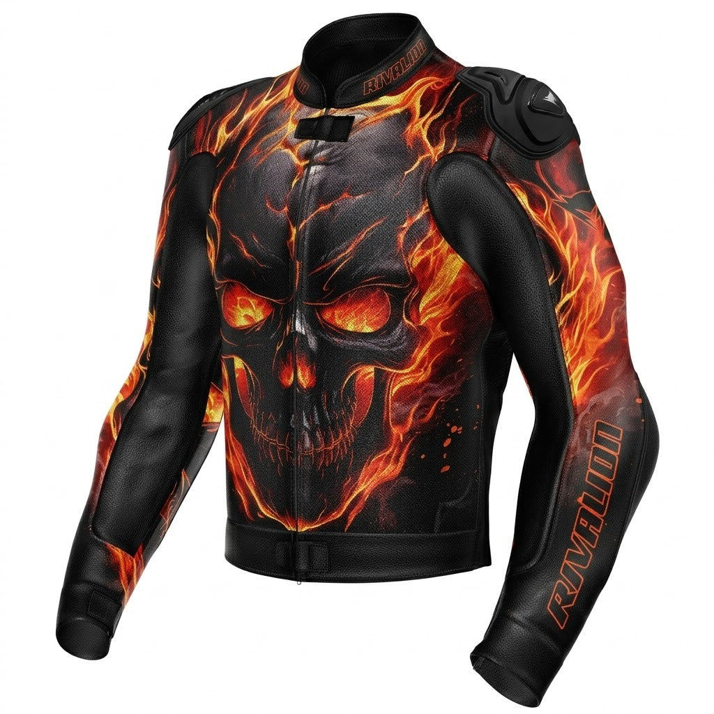 Fire Skull Burning Motorcycle Racing Leather Jacket Custom Design Removable Protection