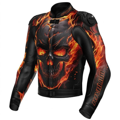 Fire Skull Burning Motorcycle Racing Leather Jacket Custom Design Removable Protection
