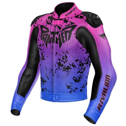 Panther Pink  Blue Leather Motorcycle Racing Jacket Removable Protection