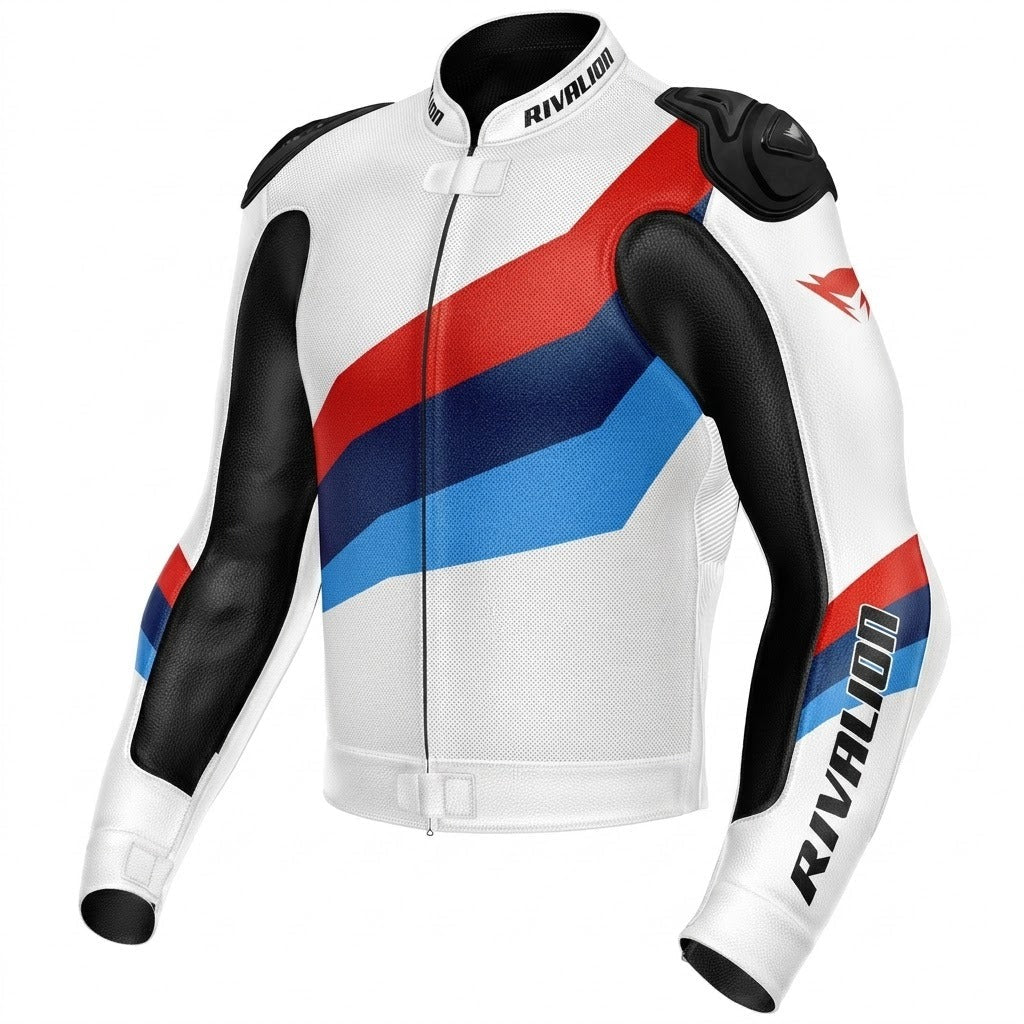 White Black Motorcycle Racing Leather Jacket Custom Design Removable Protection