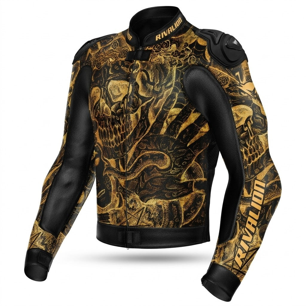 Skull Shine Gold Motorcycle Leather Racing Jacket Removable Protection