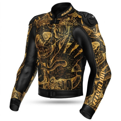 Skull Shine Gold Motorcycle Leather Racing Jacket Removable Protection