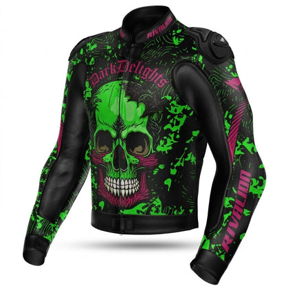 Dark Delights Skull Green Motorcycle Racing Leather Jacket Removable Protection