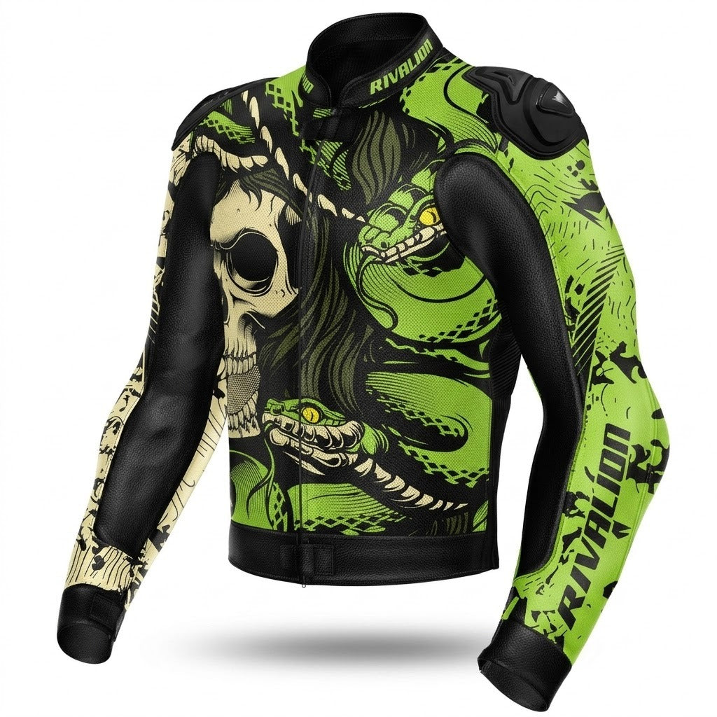 Snake Skull Motorcycle Racing Leather Jacket Custom Design Removable Protection