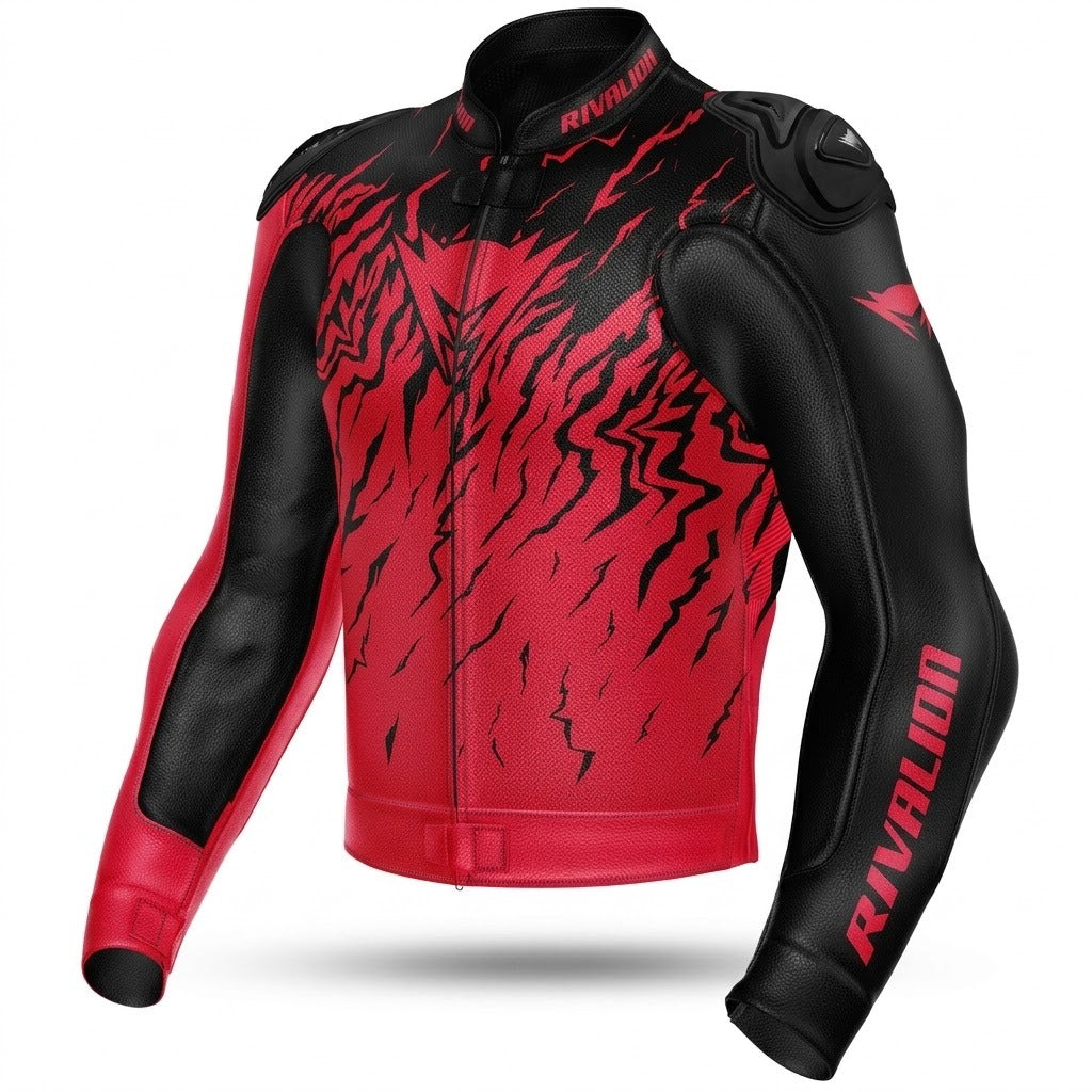 Red Leather Motorcycle Racing Jacket Cowhide with Removable Protectors