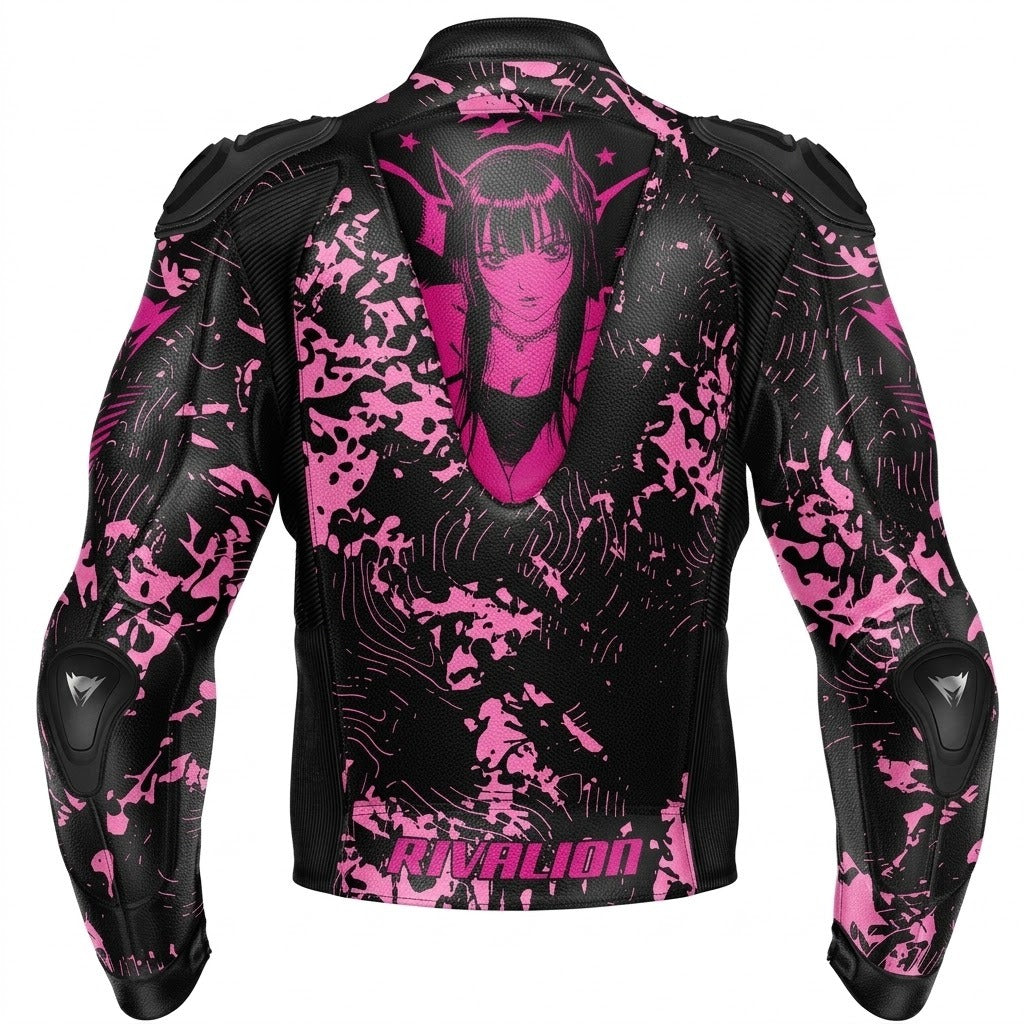 Barbie Pink Women Leather Motorcycle Racing Jacket Removable Protection