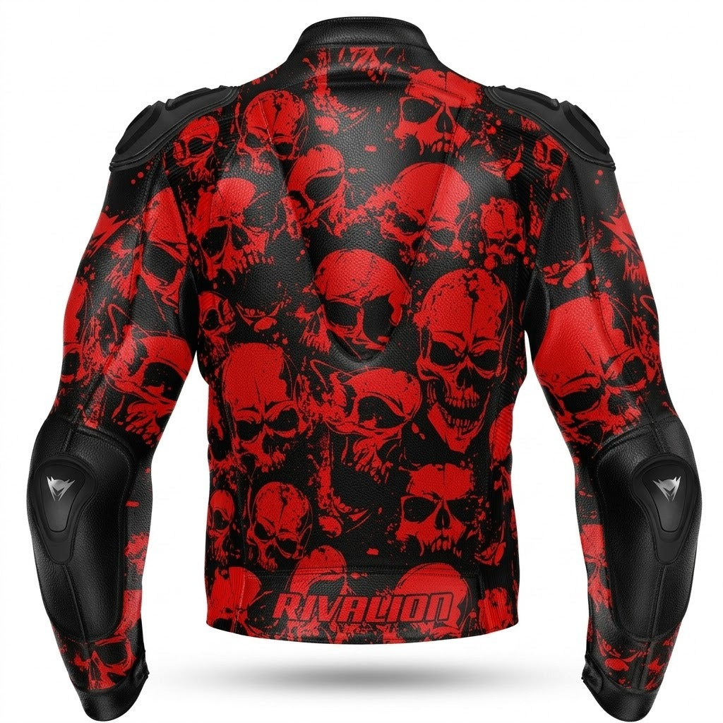 Skull Red Motorcycle Racing Jacket Cowhide and Kangaroo Leather with Removable Protection