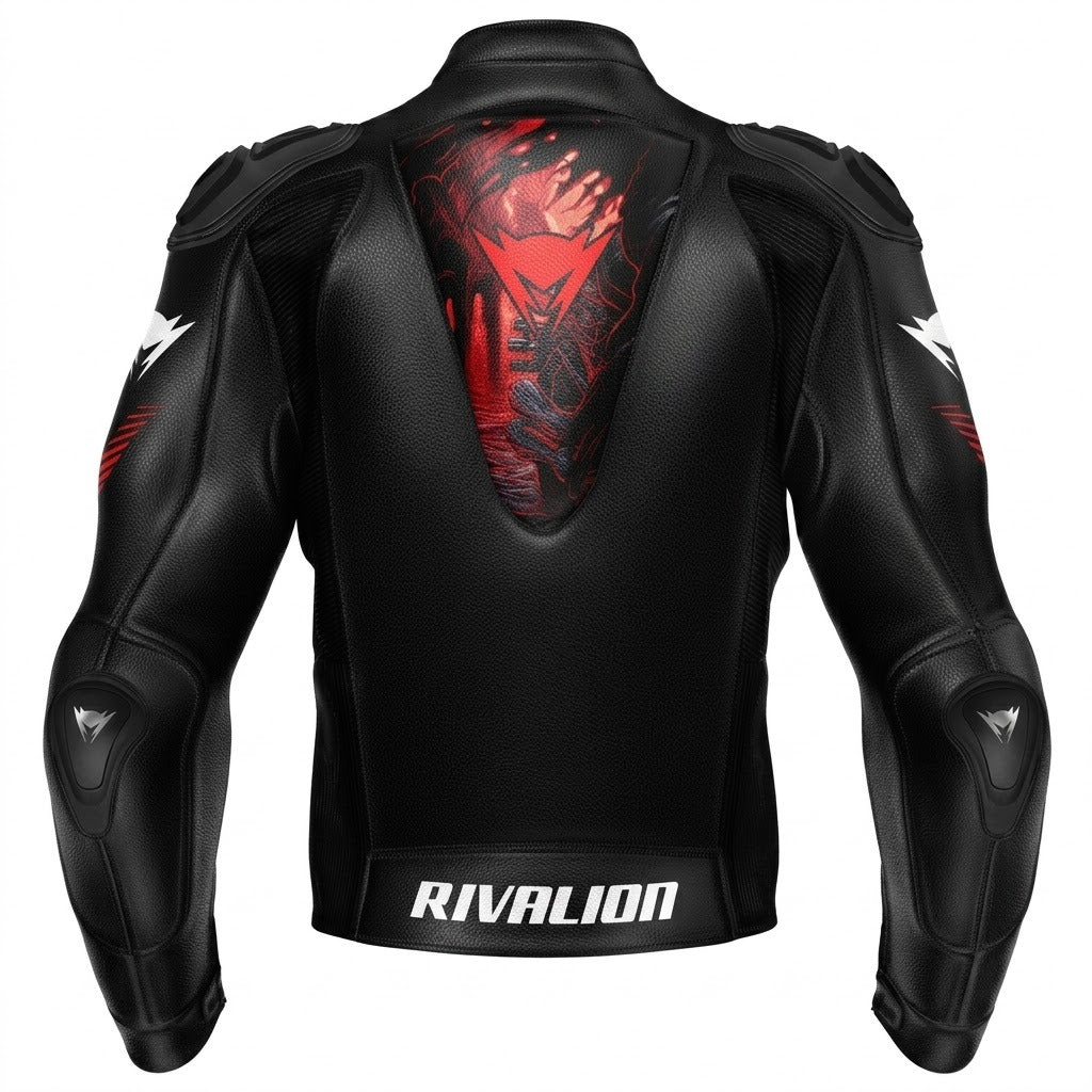 Red  Black Leather Motorcycle Racing Jacket Removable Protection