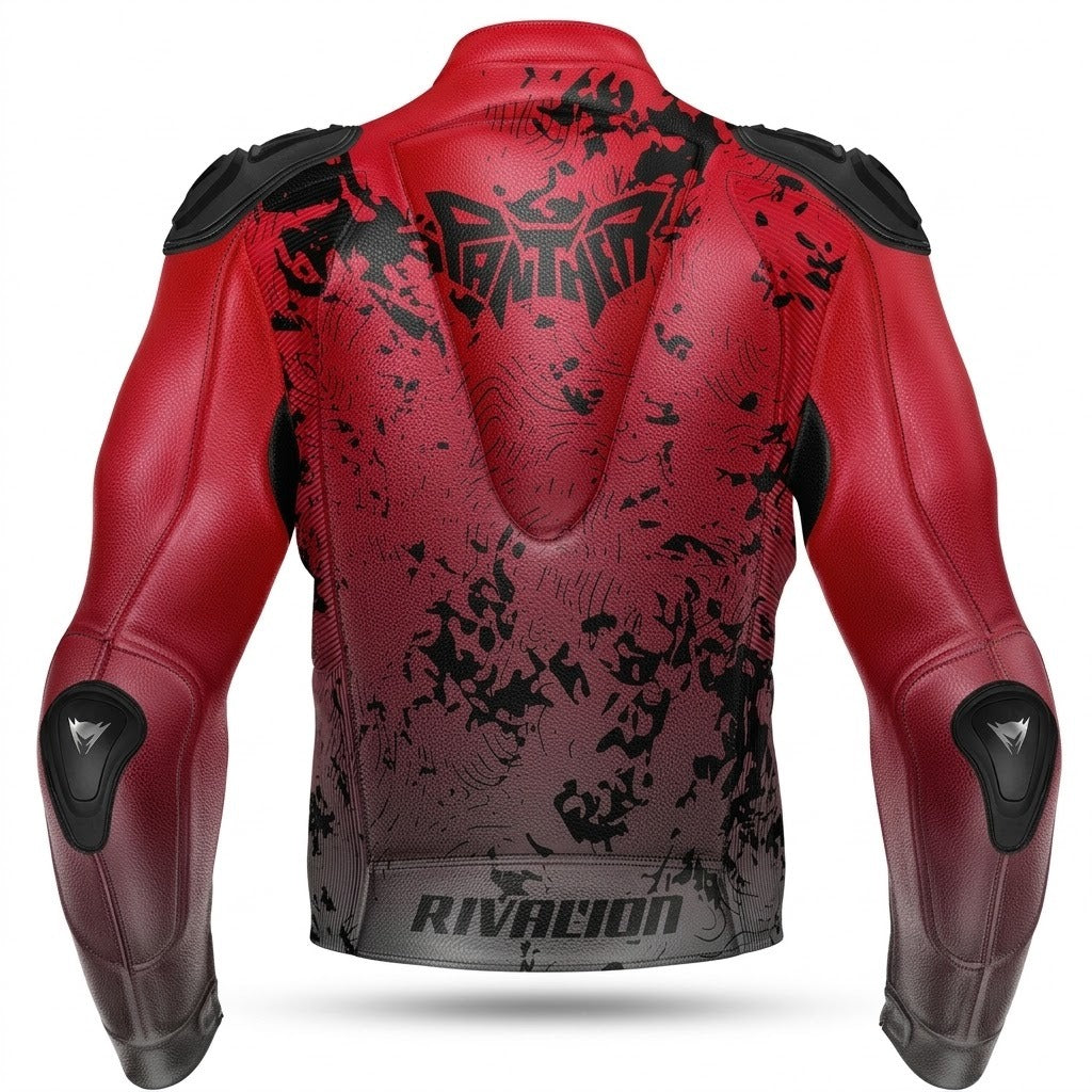 Red  Black Leather Motorcycle Racing Jacket Removable Protections