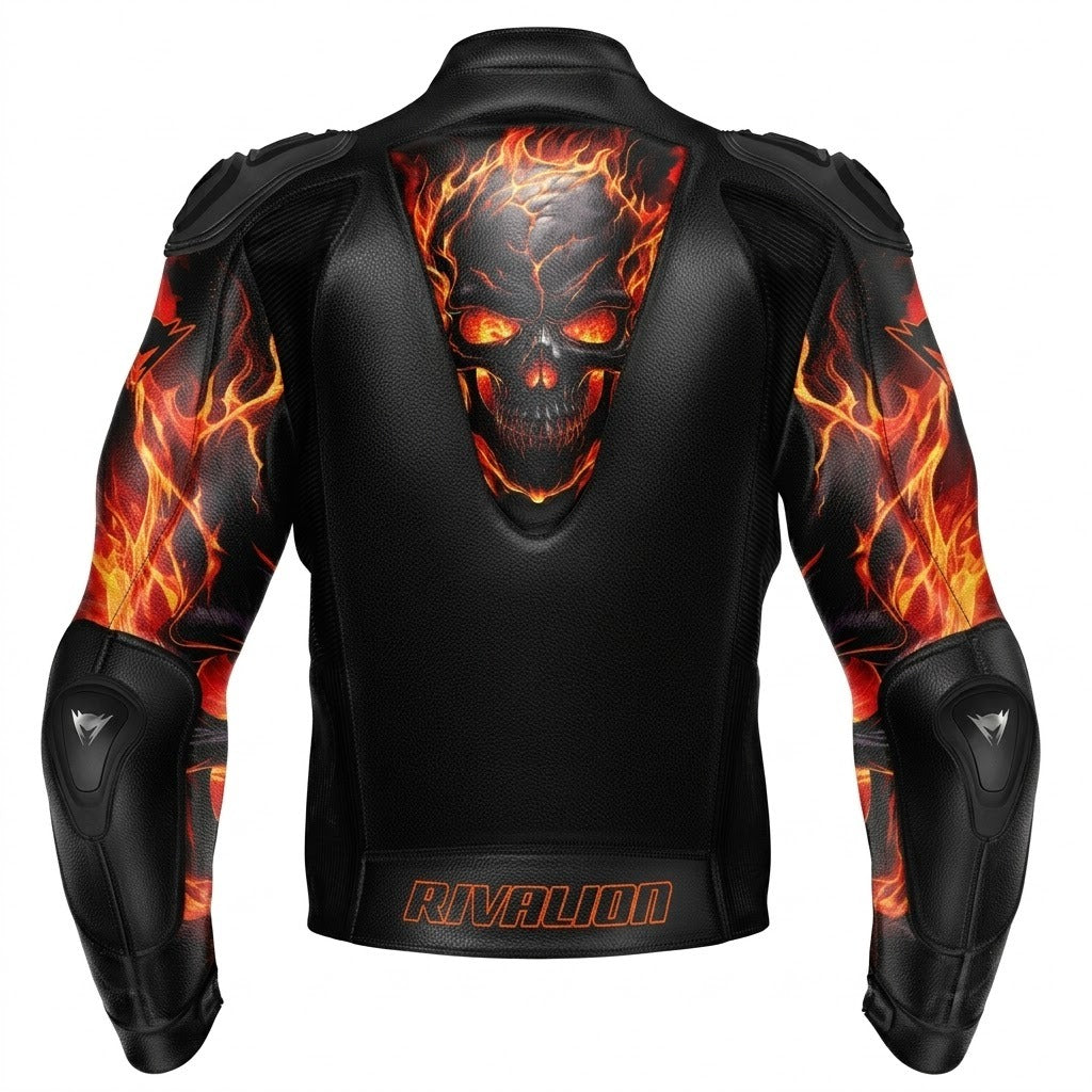 Fire Skull Burning Motorcycle Racing Leather Jacket Custom Design Removable Protection