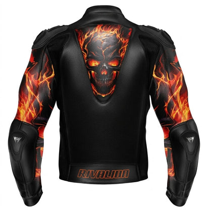 Fire Skull Burning Motorcycle Racing Leather Jacket Custom Design Removable Protection