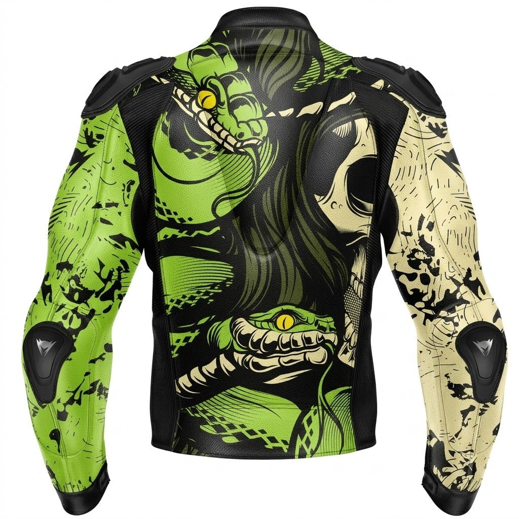 Snake Skull Motorcycle Racing Leather Jacket Custom Design Removable Protection