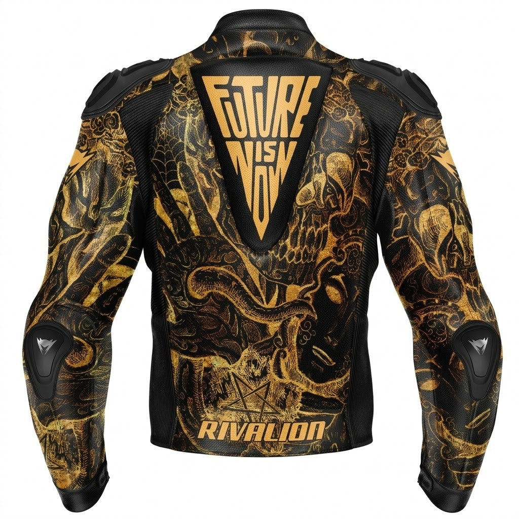 Skull Shine Gold Motorcycle Leather Racing Jacket Removable Protection