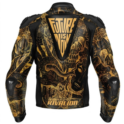 Skull Shine Gold Motorcycle Leather Racing Jacket Removable Protection