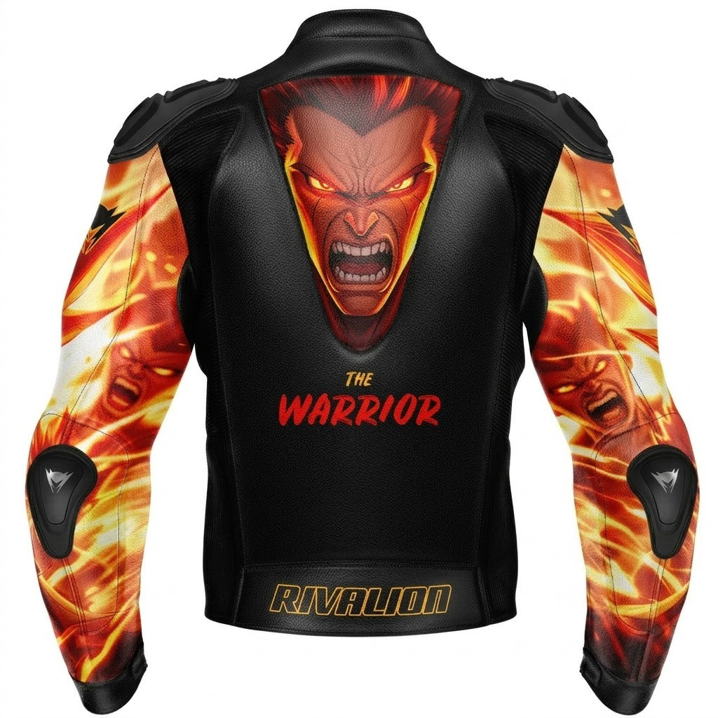 The Warrior Fire Burning Motorcycle Racing Jacket Cowhide and Kangaroo Leather with Removable Protection