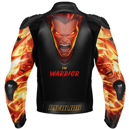 The Warrior Fire Burning Motorcycle Racing Jacket Cowhide and Kangaroo Leather with Removable Protection