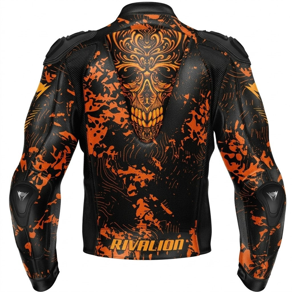 Skull Golden Motorcycle Racing Leather Jacket Custom Design Removable Protection