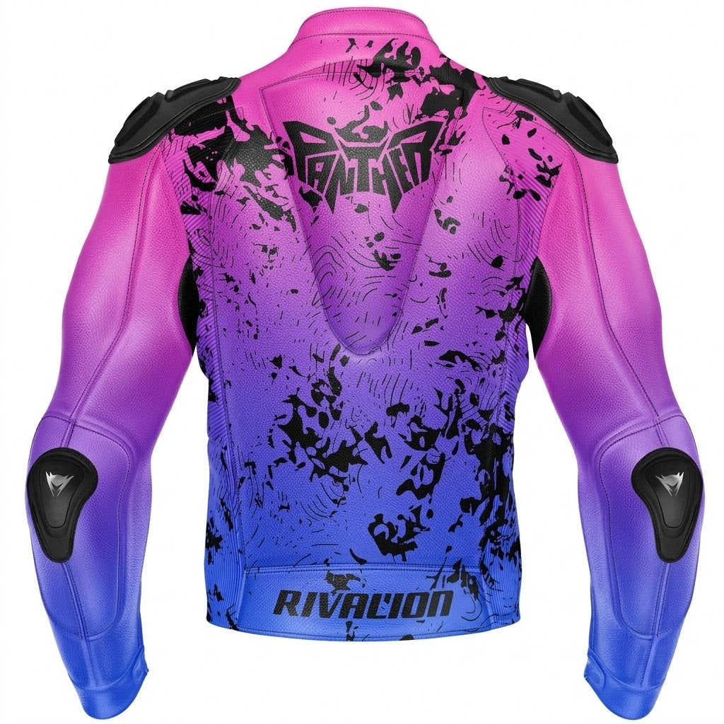 Pink and Blue Motorcycle Racing Leather Jacket Custom Design Removable Protection