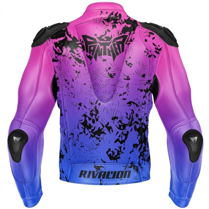 Pink and Blue Motorcycle Racing Leather Jacket Custom Design Removable Protection