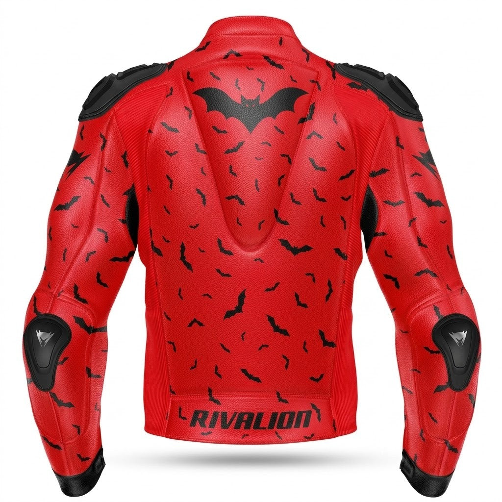 Flying BAT Motorcycle Red Leather Racing Jacket Custom Design Removable Protection