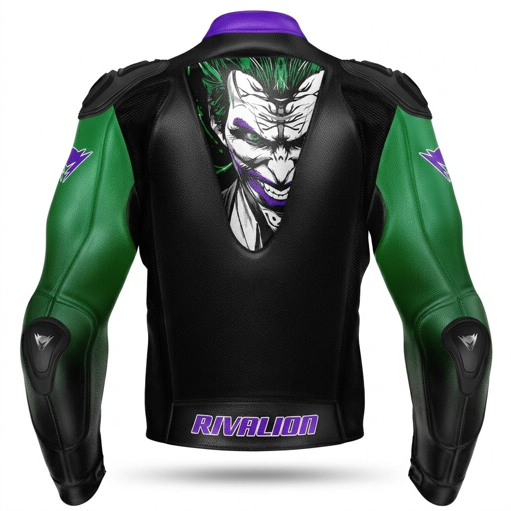 Joker Green and Purple Motorcycle Racing Leather Jacket Custom Design, Removable Protection