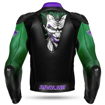 Joker Green and Purple Motorcycle Racing Leather Jacket Custom Design, Removable Protection