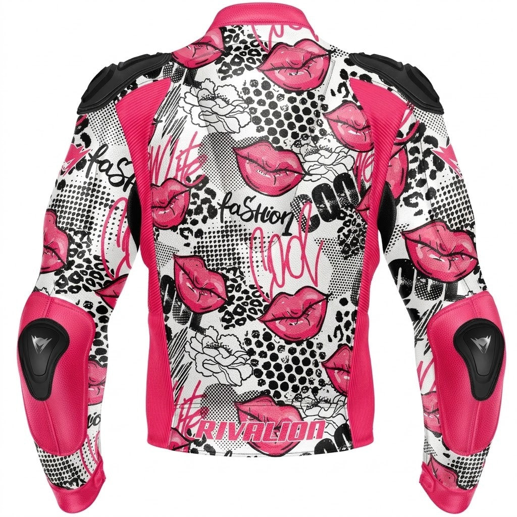 Pink Lips Women Leather Motorcycle Racing Jacket Removable Protection