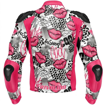 Pink Lips Women Leather Motorcycle Racing Jacket Removable Protection
