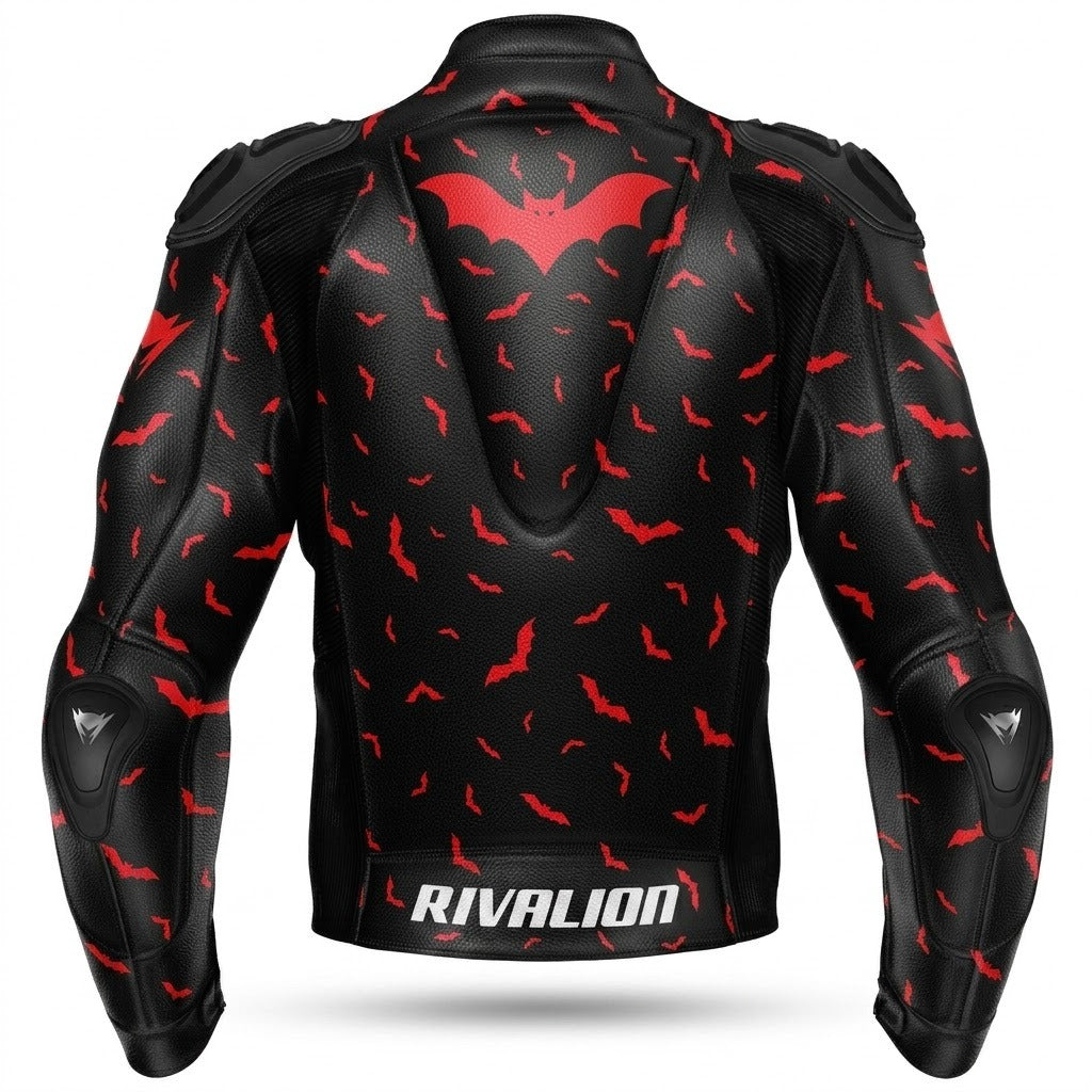 Flying BAT Motorcycle Black and Red Leather Racing Jacket Custom Design Removable Protection