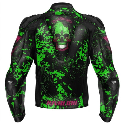 Dark Delights Skull Green Motorcycle Racing Leather Jacket Removable Protection