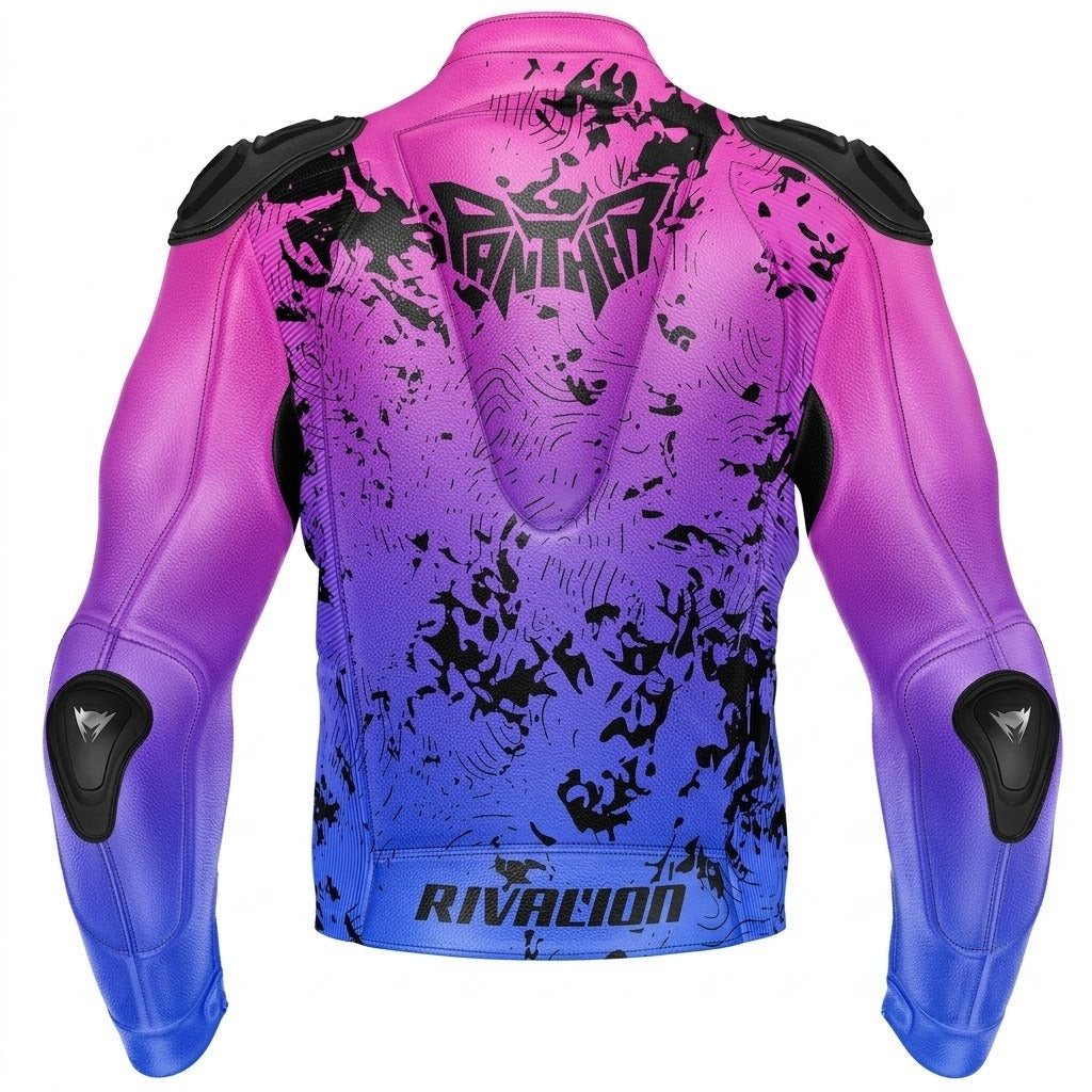Panther Pink  Blue Leather Motorcycle Racing Jacket Removable Protection