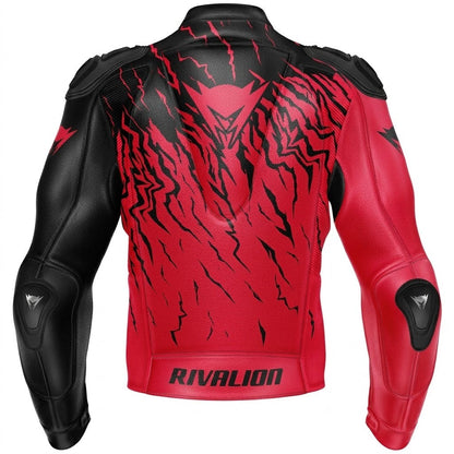 Red Leather Motorcycle Racing Jacket Cowhide with Removable Protectors