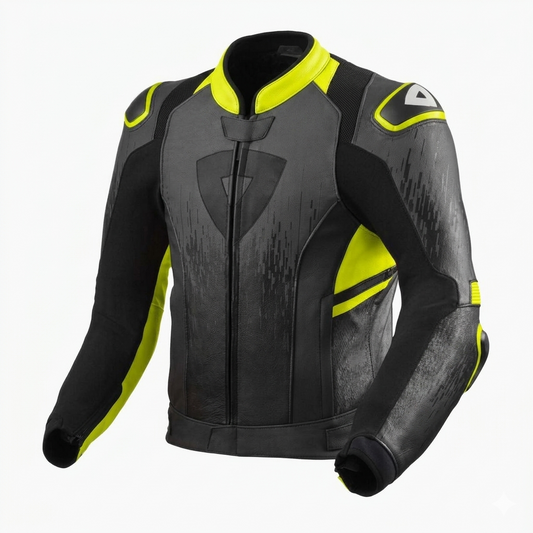 Apex Velocity Leather Jacket - High-Visibility Neon & Charcoal Grey Edition