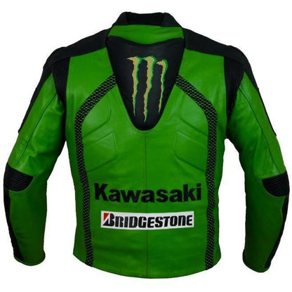 Men's Pro-Racing Green Leather Jacket with Aerodynamic Speed Hump