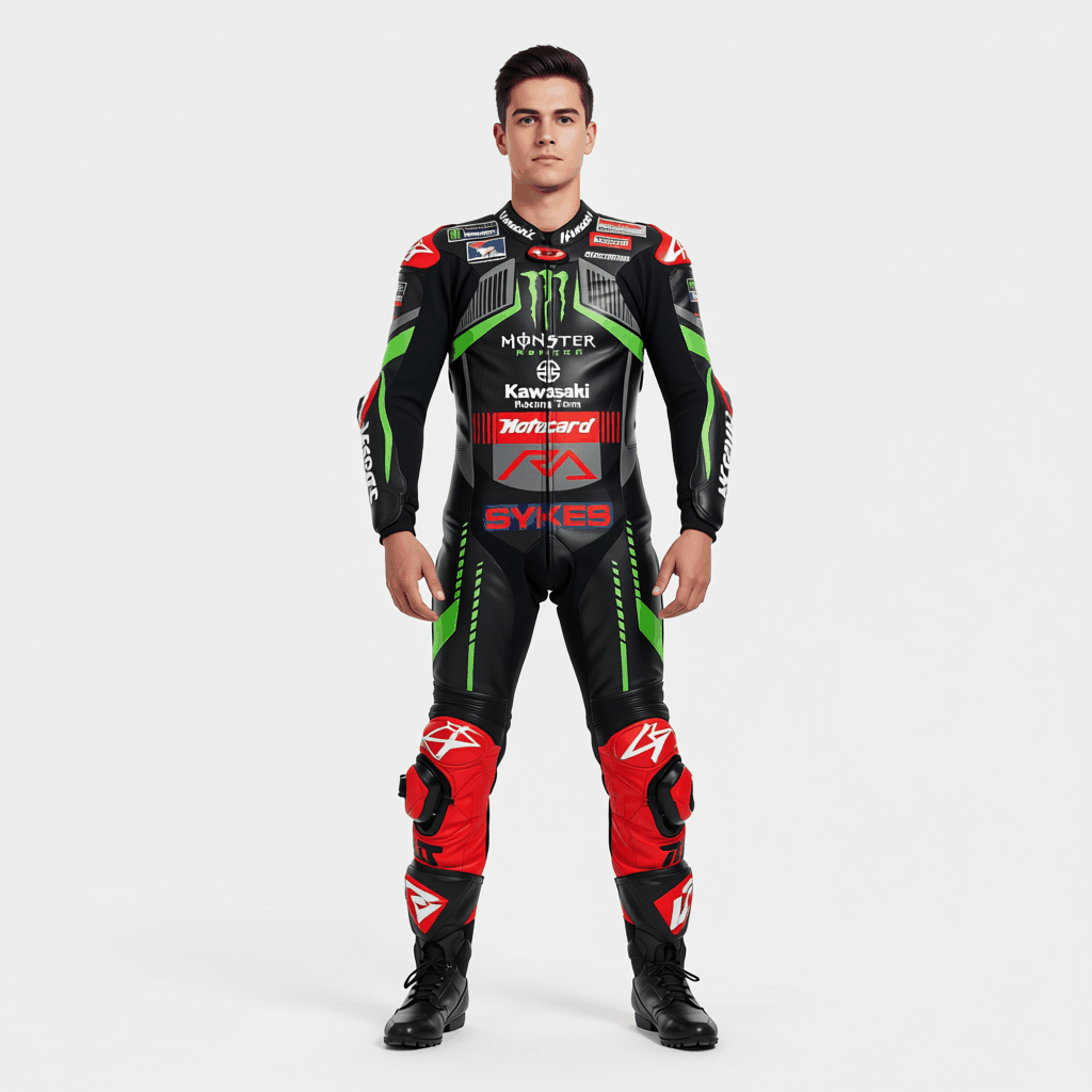 Kawasaki leather race suit with premium cowhide and CE armor for motorcycle racing