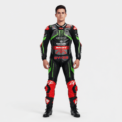 Kawasaki leather race suit with premium cowhide and CE armor for motorcycle racing