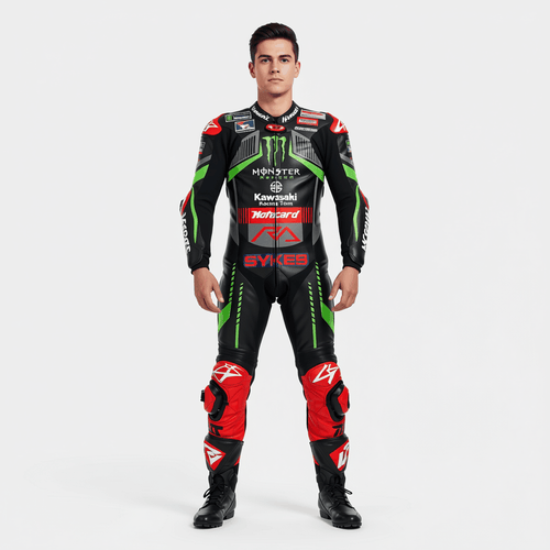 Kawasaki leather race suit with premium cowhide and CE armor for motorcycle racing