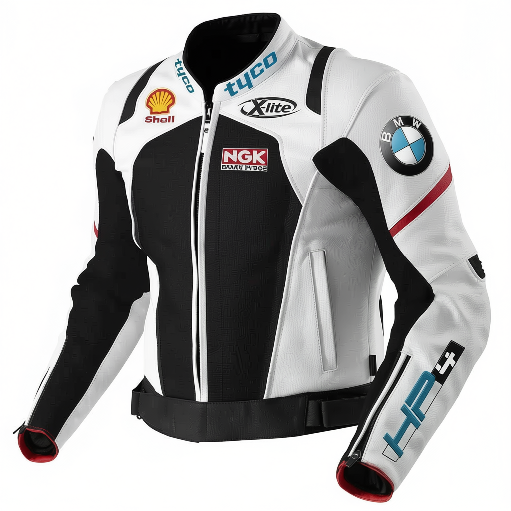 BMW Tyco black leather racing motorcycle jacket
