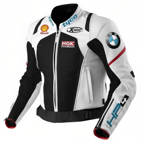 BMW Tyco black leather racing motorcycle jacket